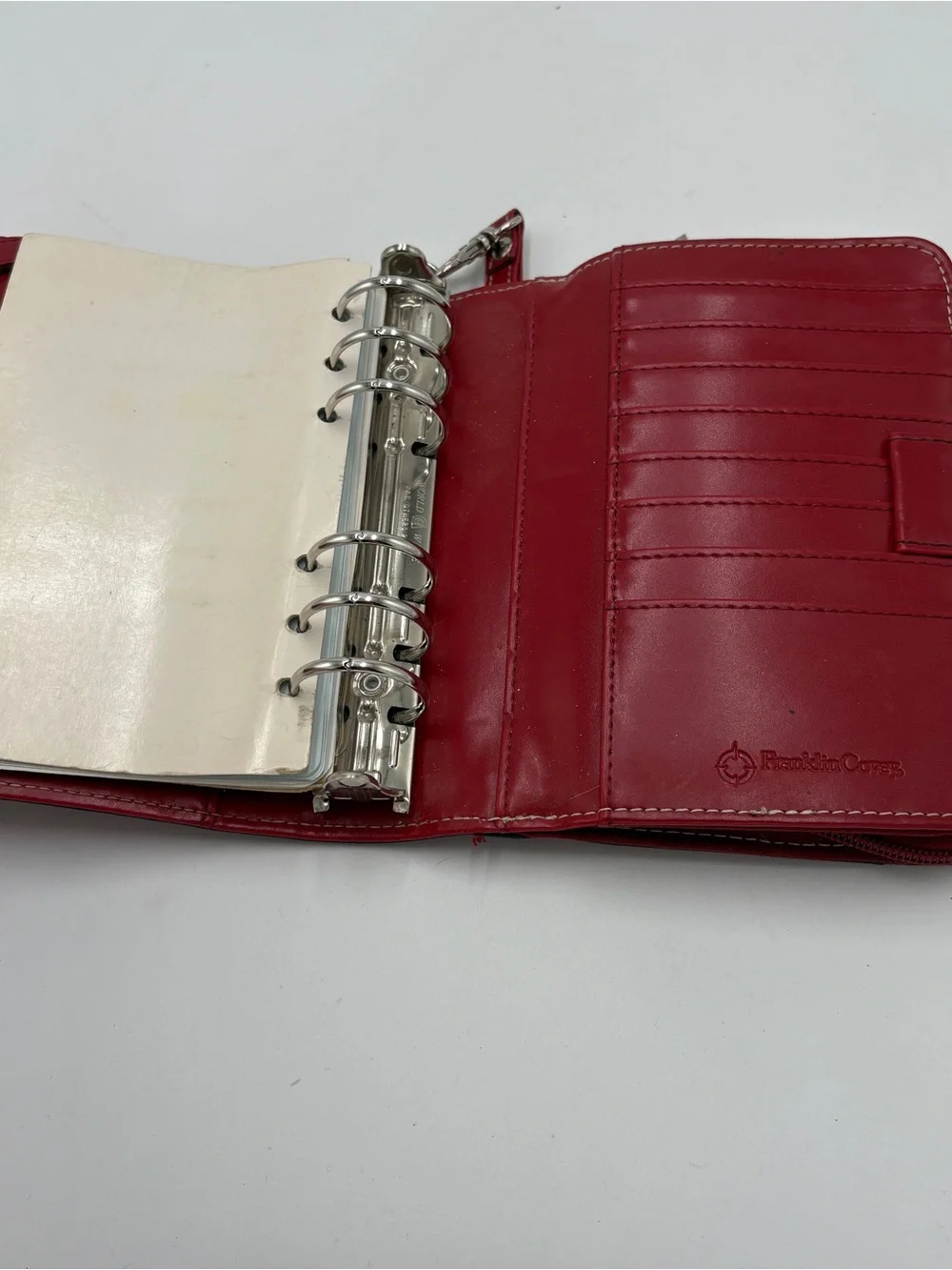 Vintage Red Leather Franklin Covey Planner 6 Ring Wrist Strap Wallet Pockets